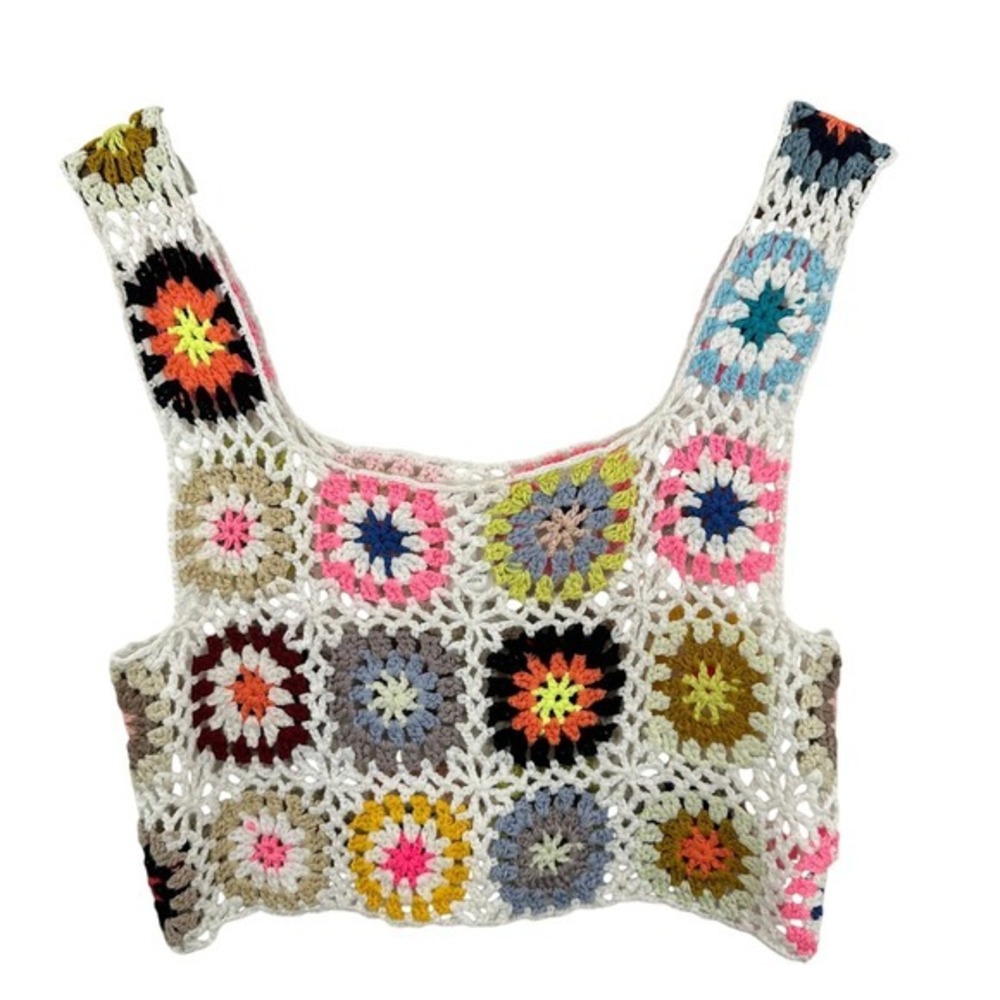 Le Lis Size Small Crochet Crop Top Colorful Granny Square Knit Vest Festival